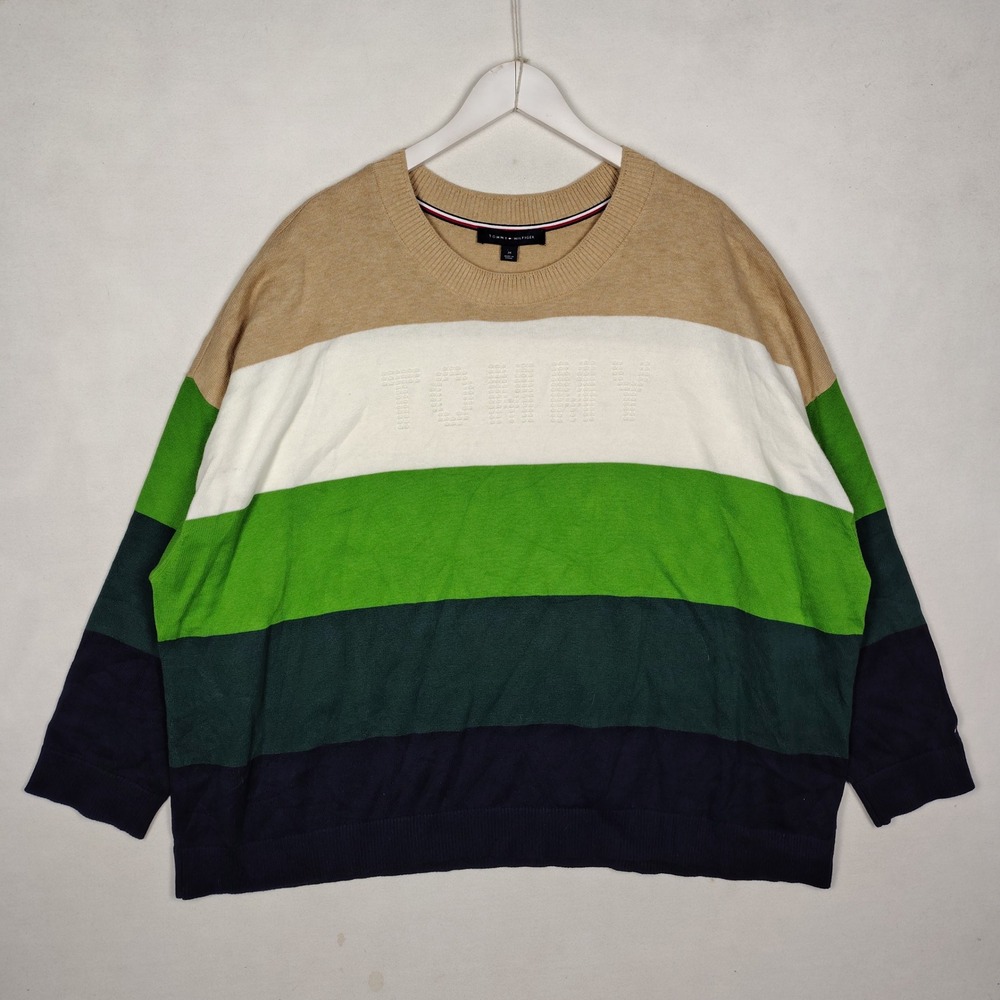 Tommy Hilfiger Mens 3X Striped Crewneck Sweater Green Navy Blue Cotton Blend